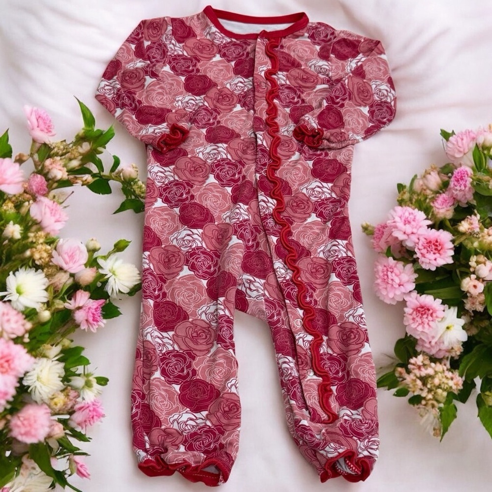 KicKee Pants Ref Floral Ruffle Butt Snap‎ Front One Piece Cozy Cute Size 3-6mo